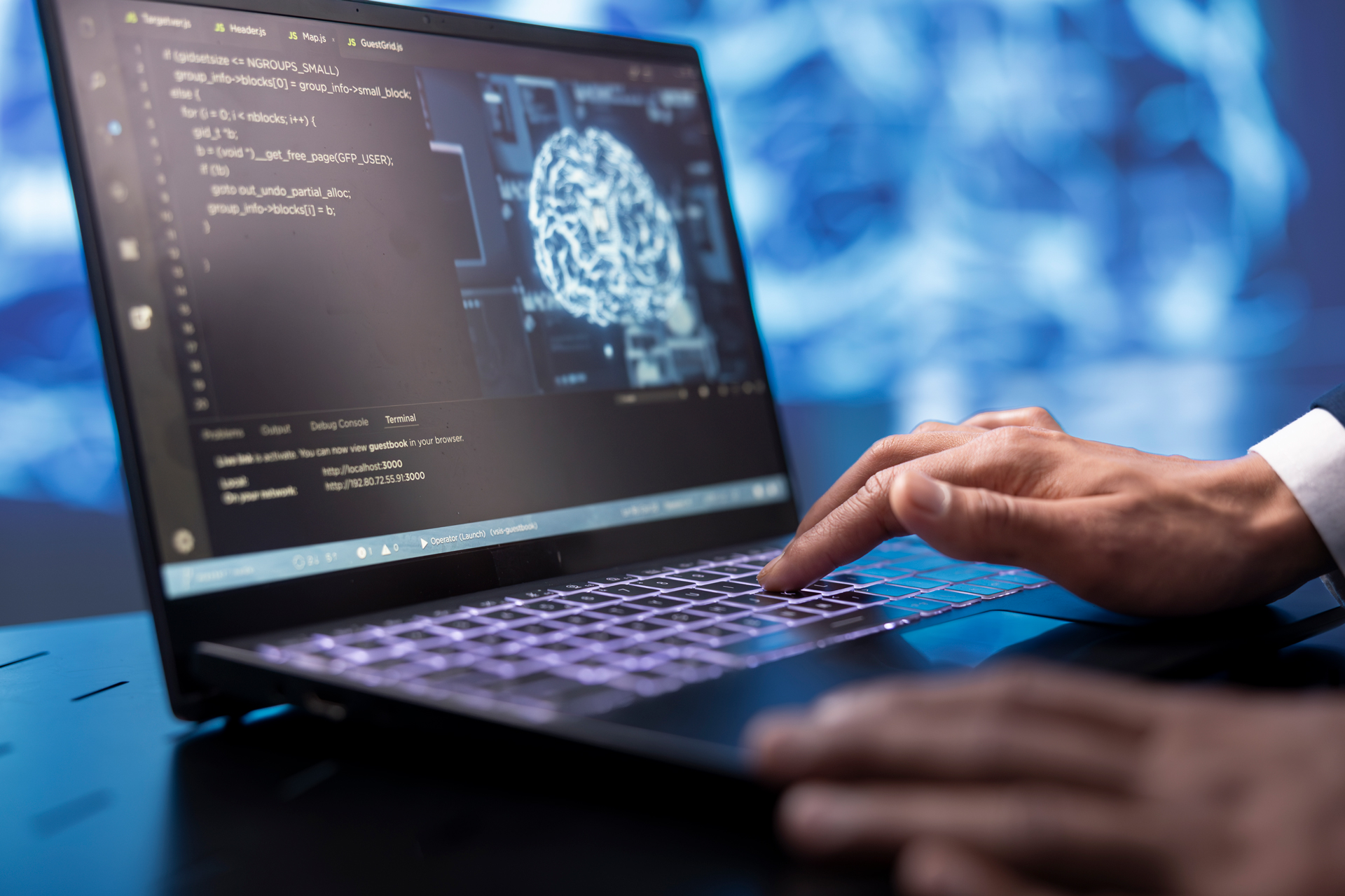 A person engaged in typing on a laptop featuring a brain image, illustrating the intersection of AI and coding practices.
