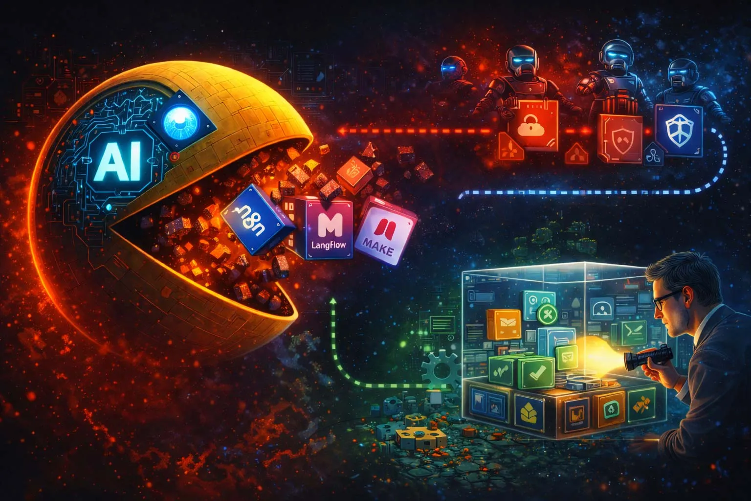 Illustration of an AI system consuming workflow tools like a Pac-Man figure, contrasting probabilistic AI agents with structured component-based orchestration